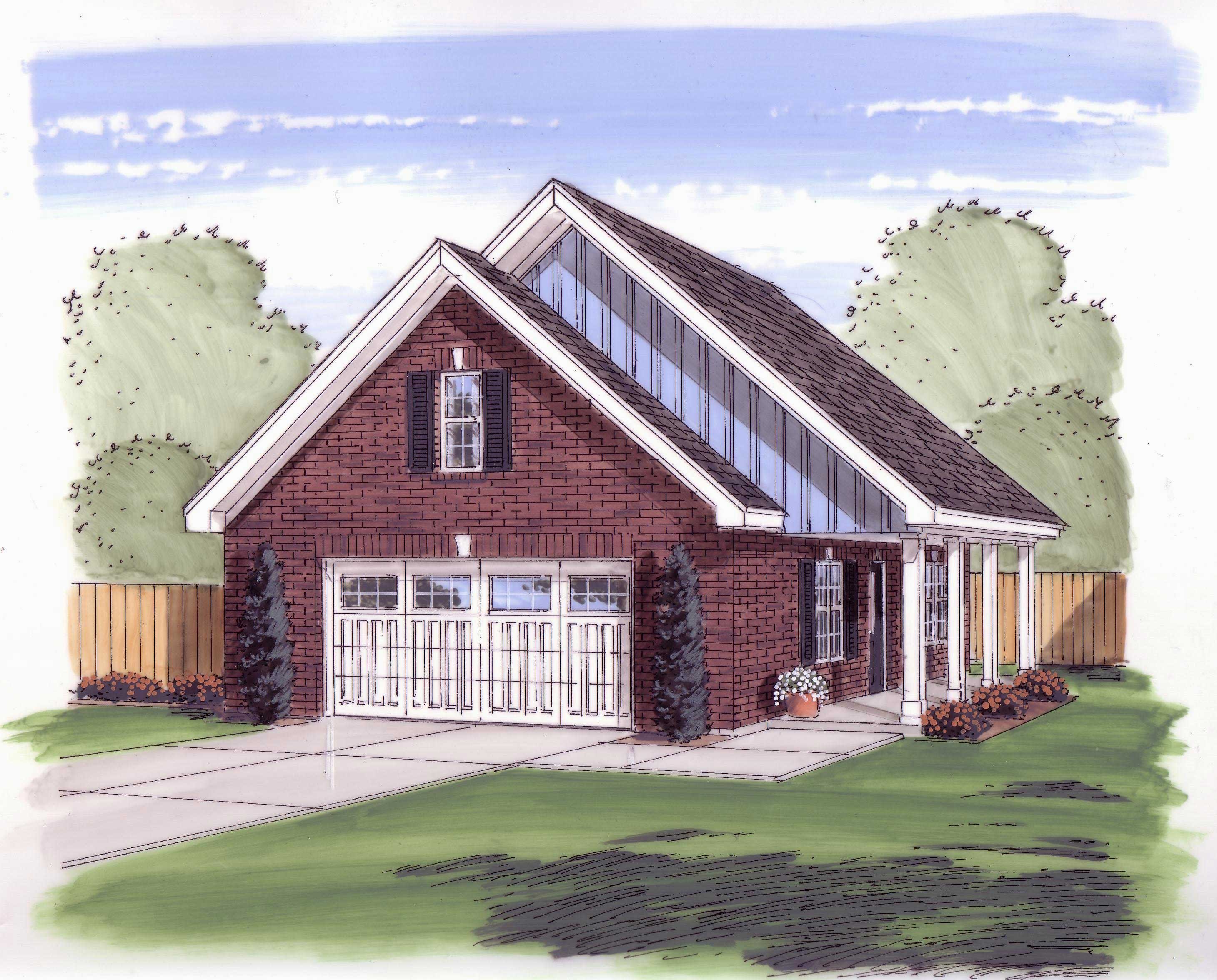 This is the front rendering for these Garage Plans.