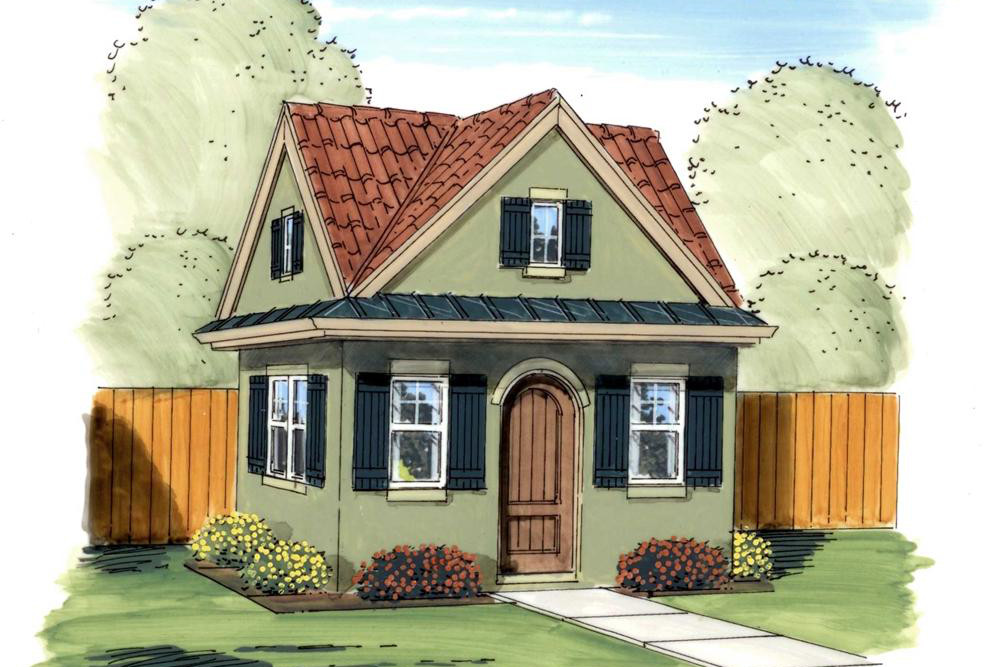 This is a colorful rendering of Garden Shed Blueprints.