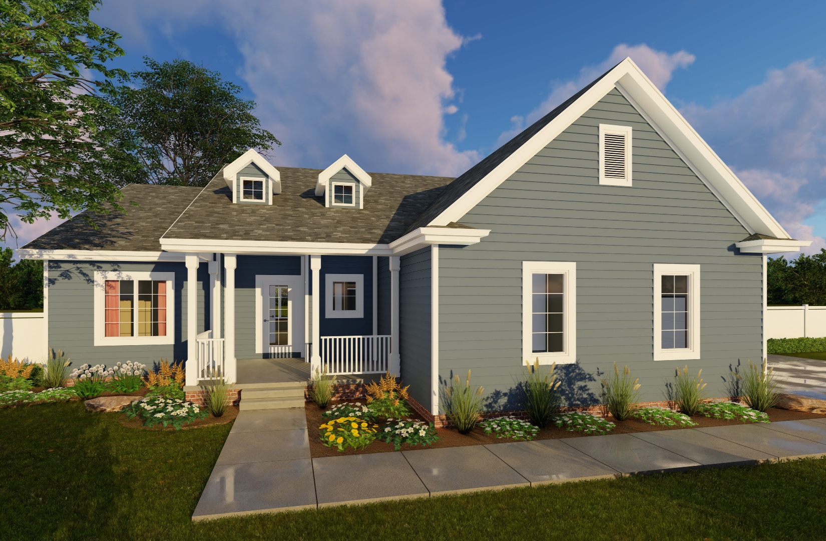 Color rendering of Country home plan (ThePlanCollection: House Plan #100-1102)