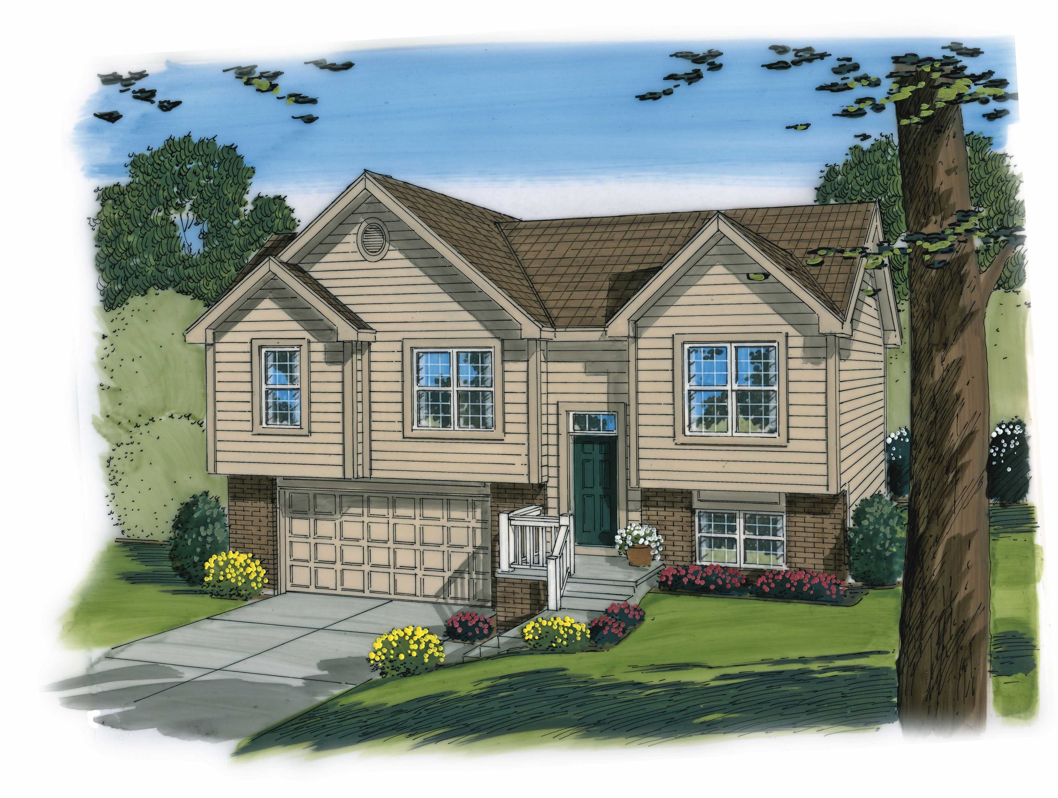 This is an artist's rendering of these Split-Level House Plans.