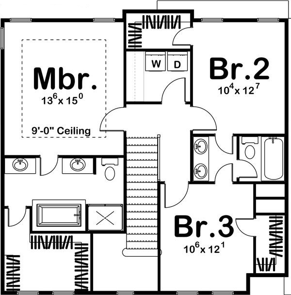 Floor Plan Second Story of Colonial Plan #100-1201