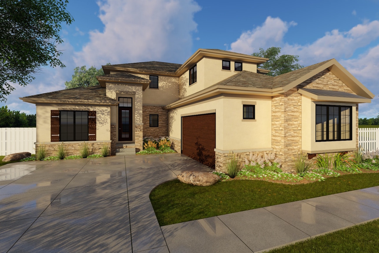 Color rendering of Prairie home plan (ThePlanCollection: House Plan #100-1213)
