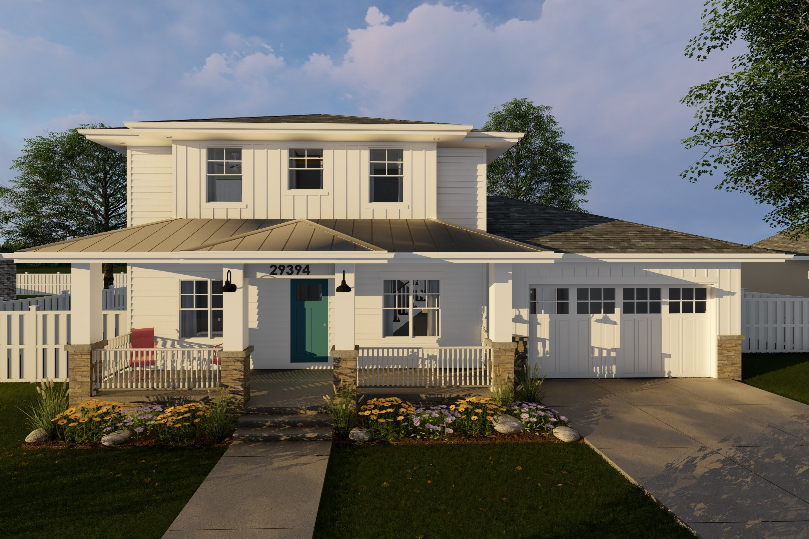Front elevation of Prairie home (ThePlanCollection: House Plan #100-1229)