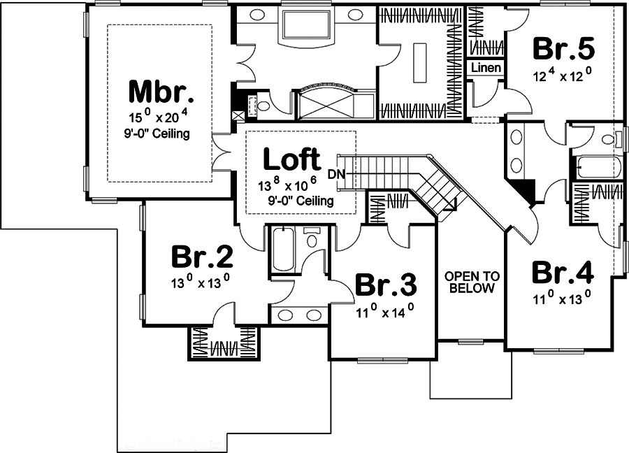 Floor Plan Second Story of Traditional Plan #100-1245