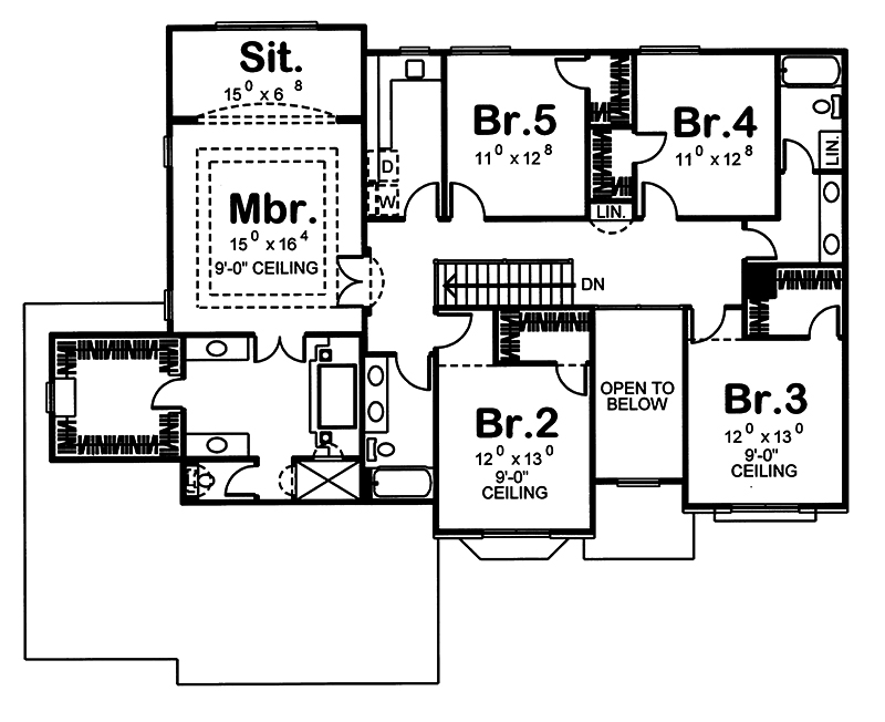 Floor Plan Second Story of French Plan #100-1250