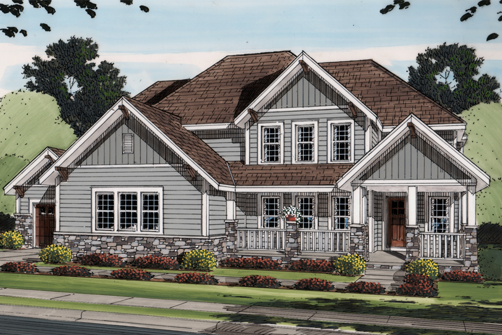 Front elevation of Craftsman home (ThePlanCollection: House Plan #100-1252)