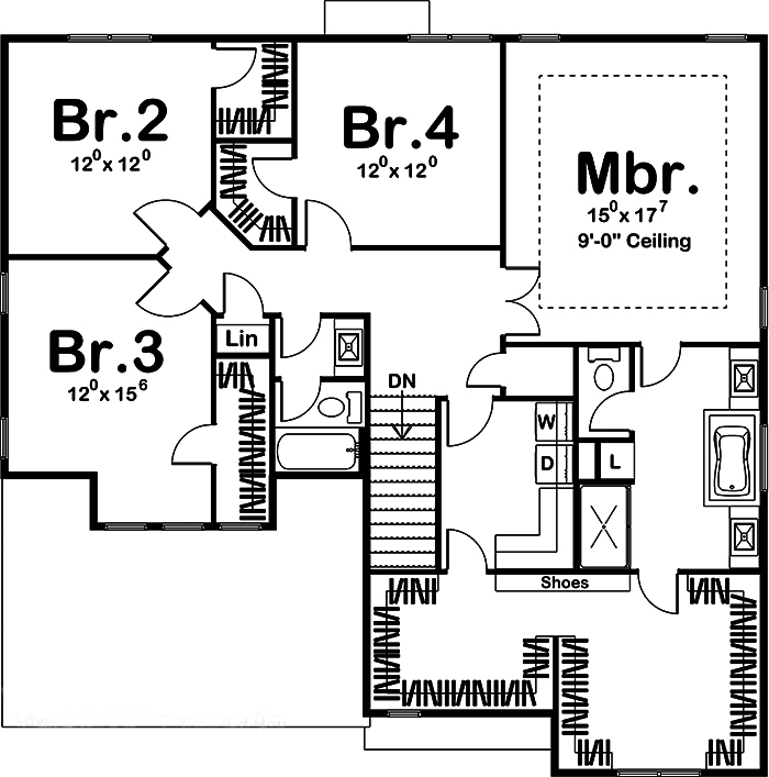 Floor Plan Second Story of Tudor Plan #100-1259