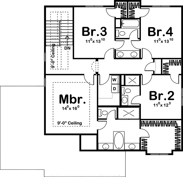 Floor Plan Second Story of Tudor Plan #100-1260