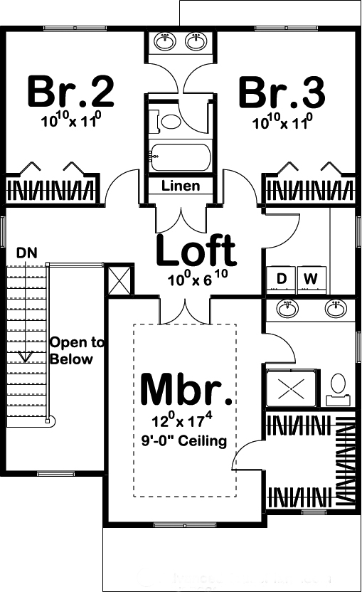 Floor Plan Second Story of Traditional Plan #100-1264