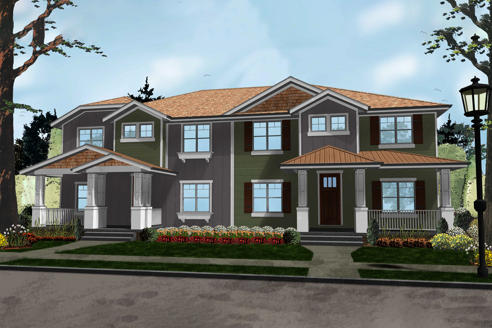 Front elevation of Craftsman home (ThePlanCollection: House Plan #100-1291)