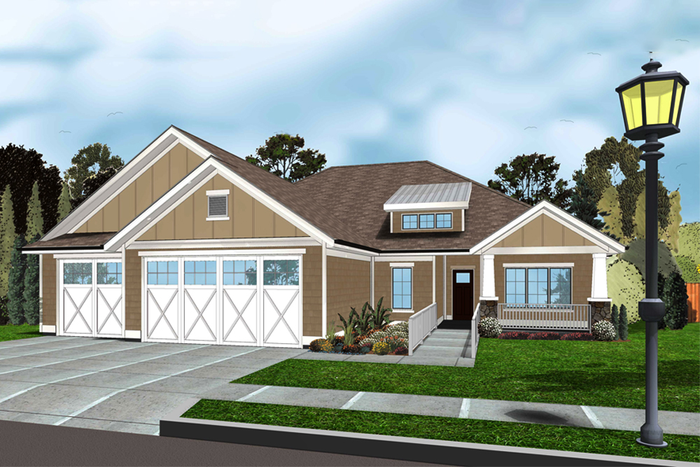 Front elevation of Bungalow home (ThePlanCollection: House Plan #100-1297)