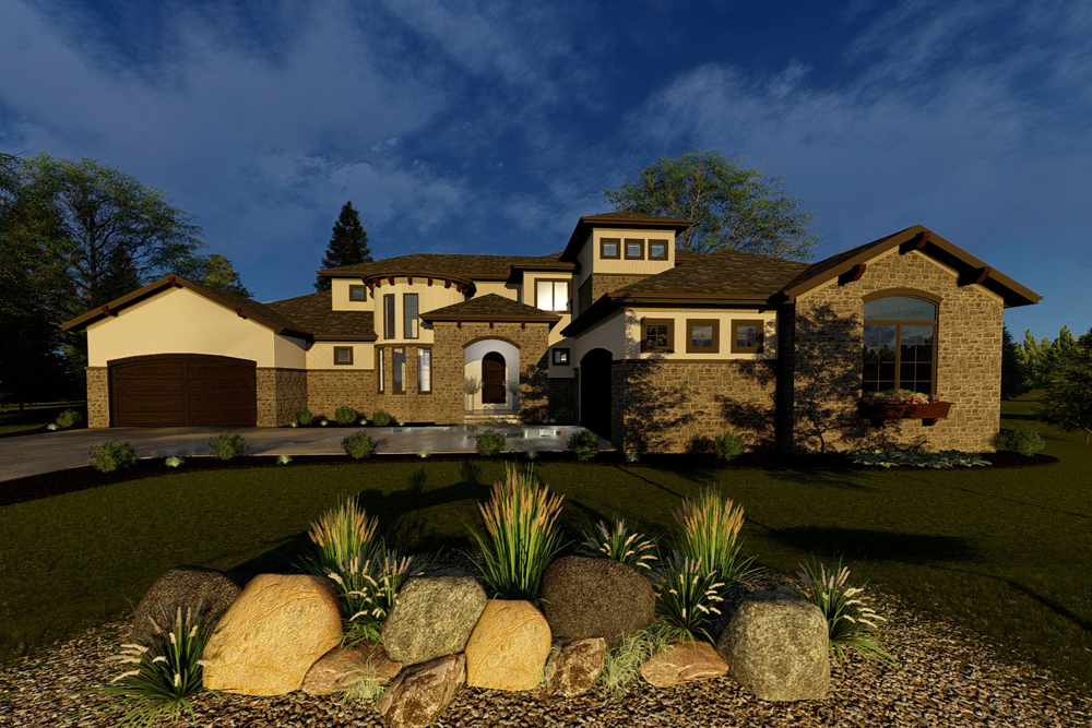 Front elevation of Tuscan home (ThePlanCollection: House Plan #100-1326)