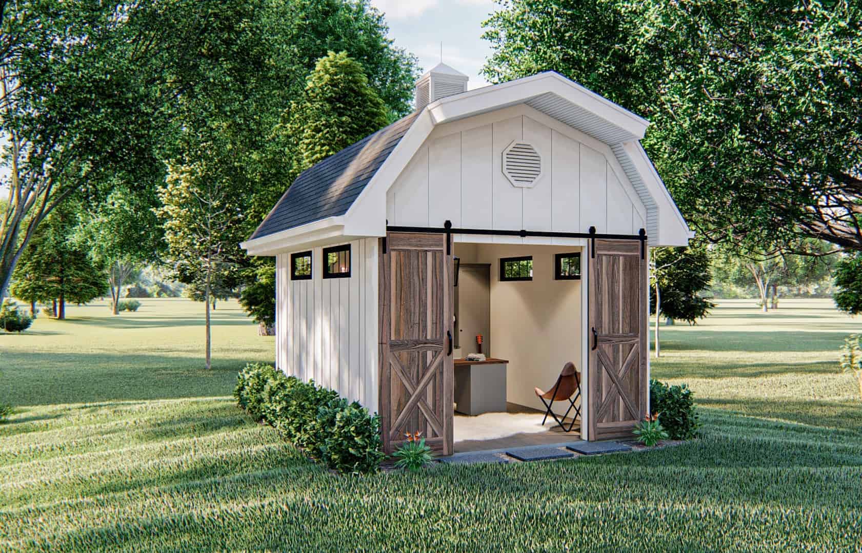 Front elevation of barn-style backyard office (ThePlanCollection: Plan #100-1363)