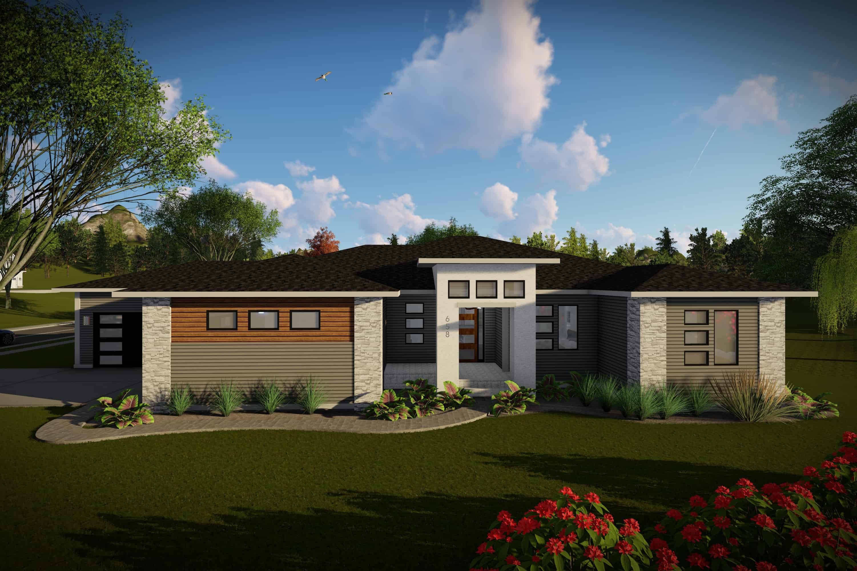 Front elevation of Contemporary home (ThePlanCollection: House Plan #101-2001)