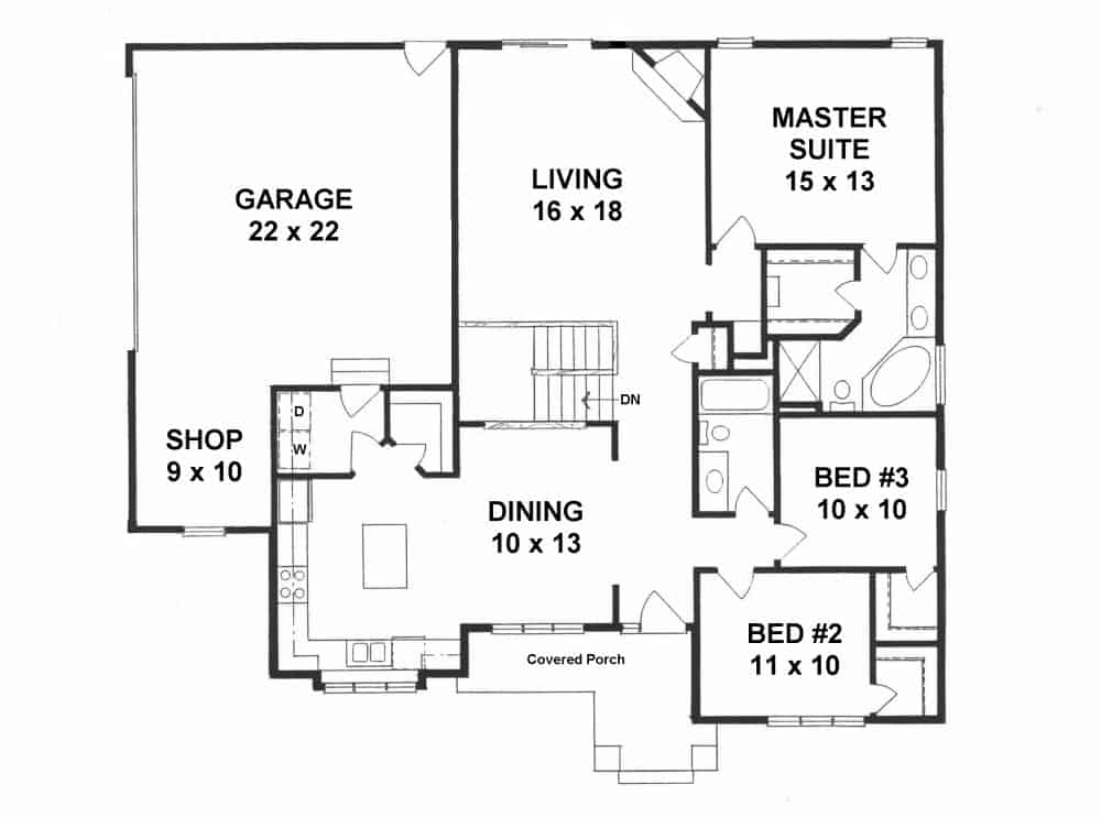 Floor Plan Main Level of Ranch Plan #103-1155