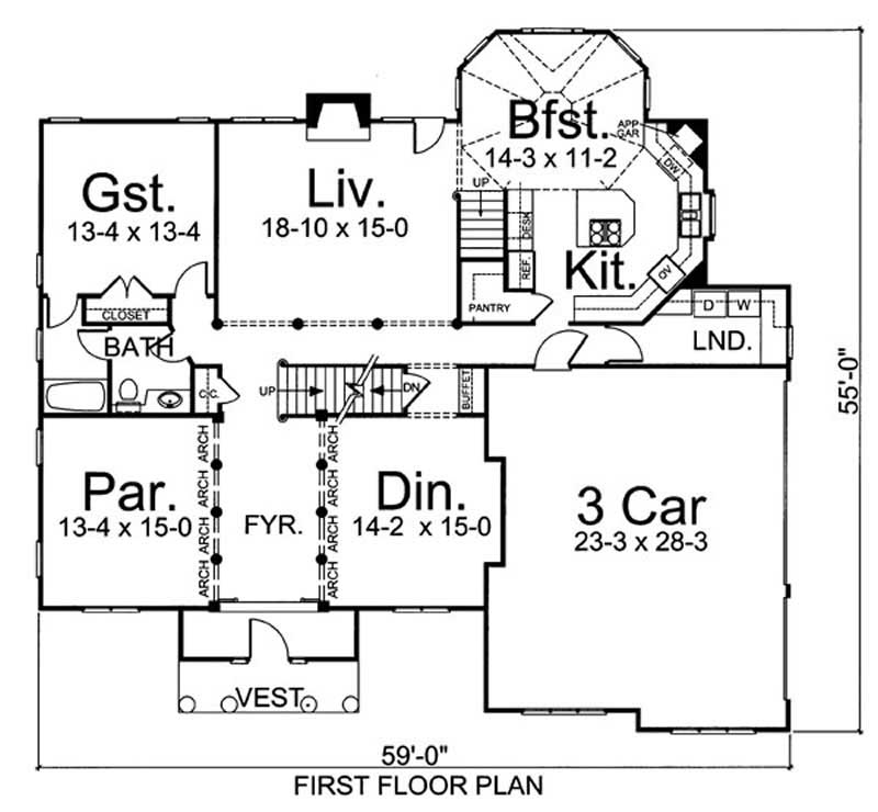 Floor Plan Main Level of Arts and Crafts Plan #106-1017