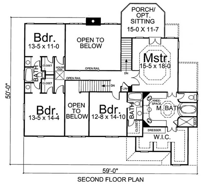 Floor Plan Upper Level of Arts and Crafts Plan #106-1017