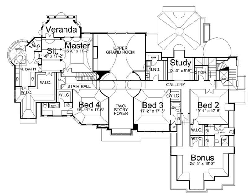 Floor Plan Second Story of European Plan #106-1033
