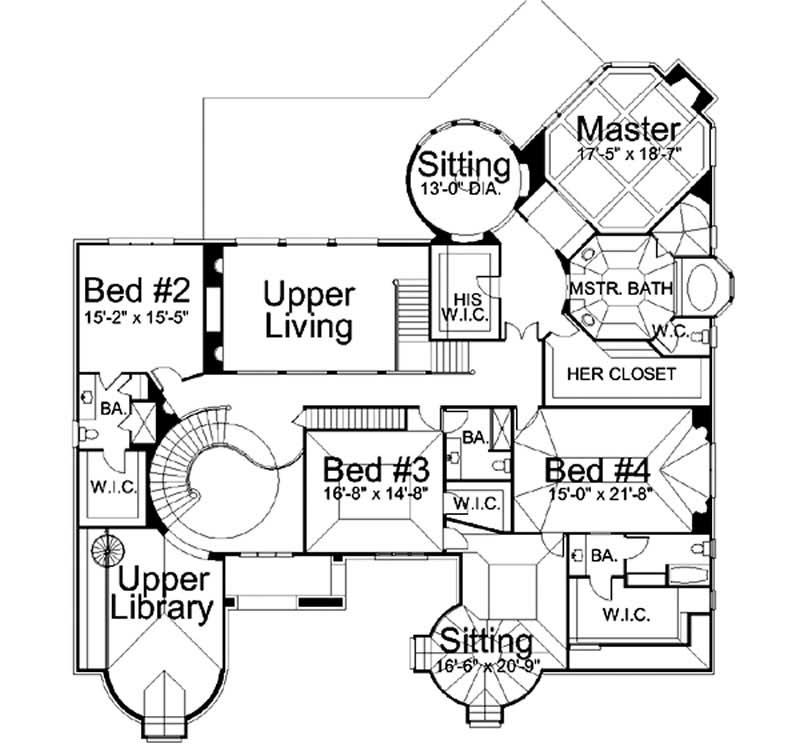 Floor Plan Second Story of European Plan #106-1076