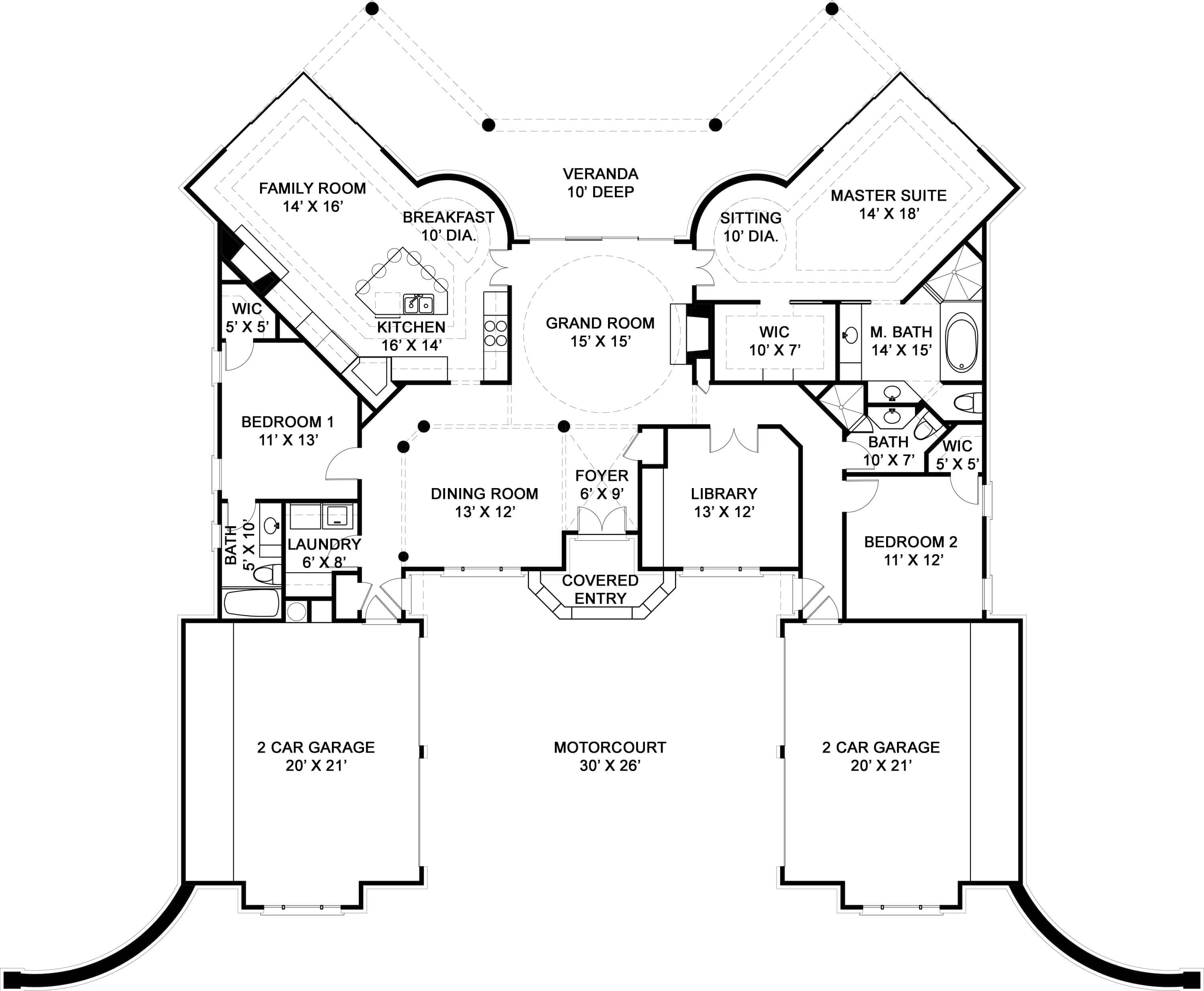 Floor Plan Main Level of European Plan #106-1153