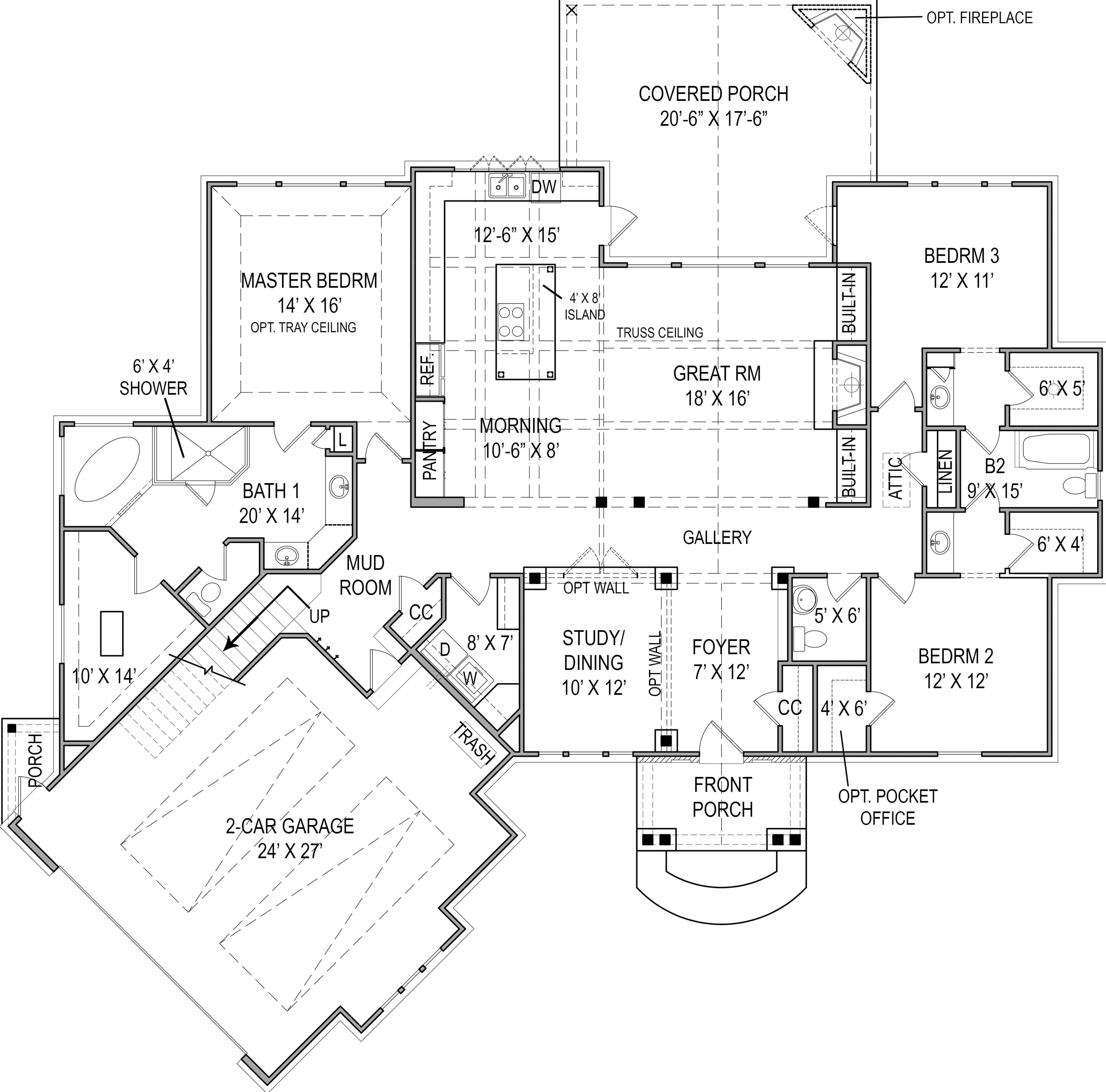 Floor Plan Main Level of Craftsman Plan #106-1276