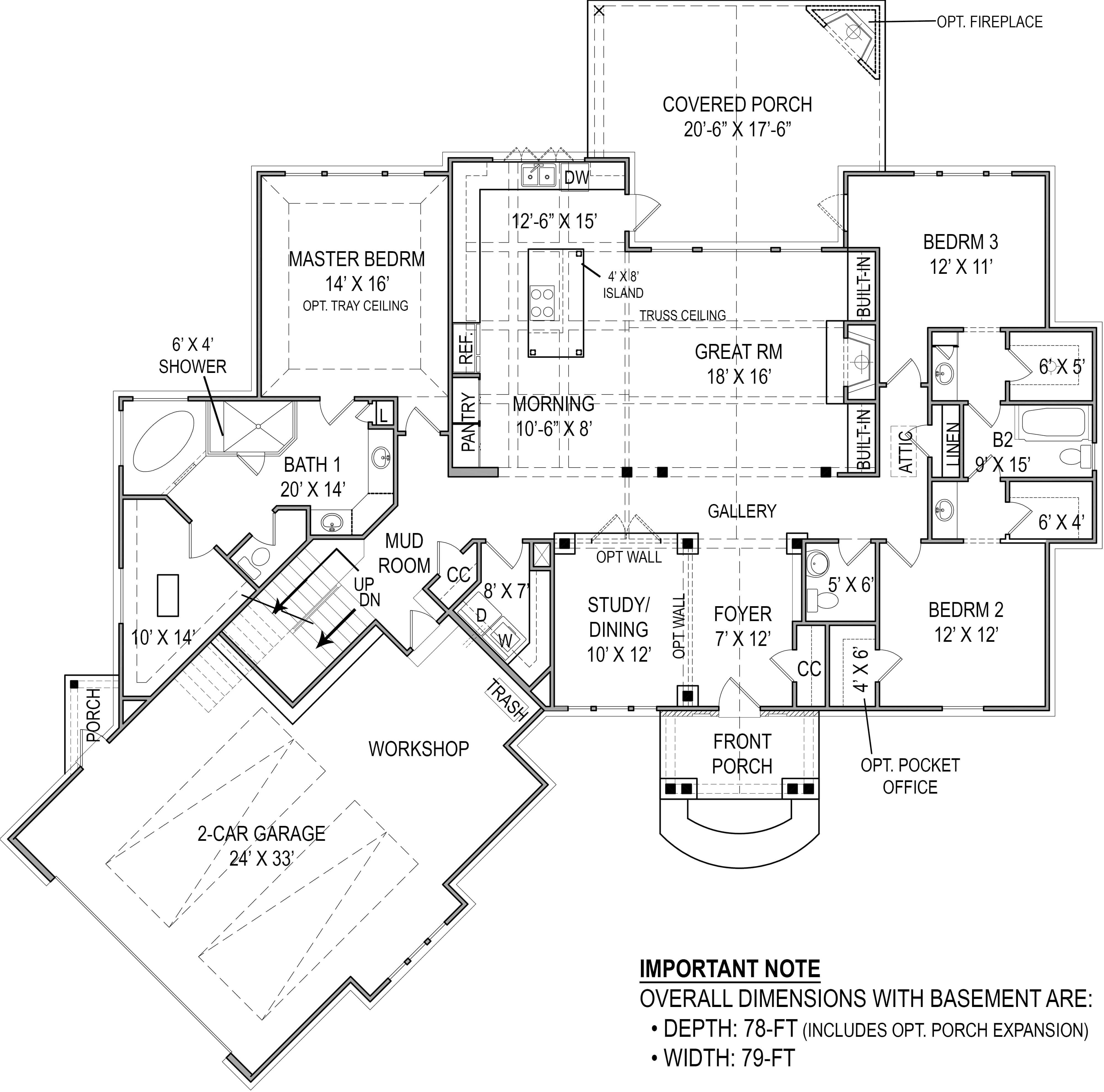 Floor Plan Main Level of Craftsman Plan #106-1276
