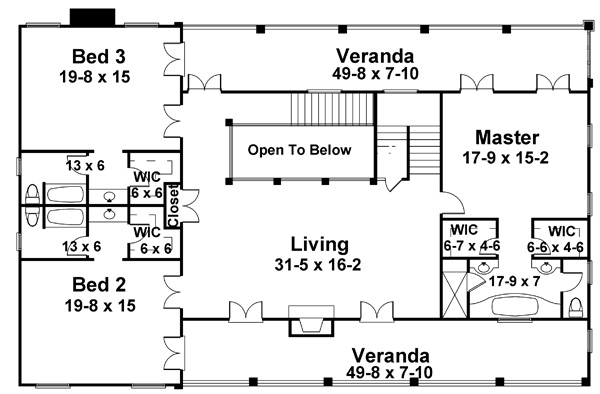 Floor Plan Second Story of Southern Plan #106-1297