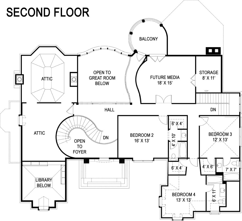 Floor Plan Second Story of Luxury Plan #106-1302