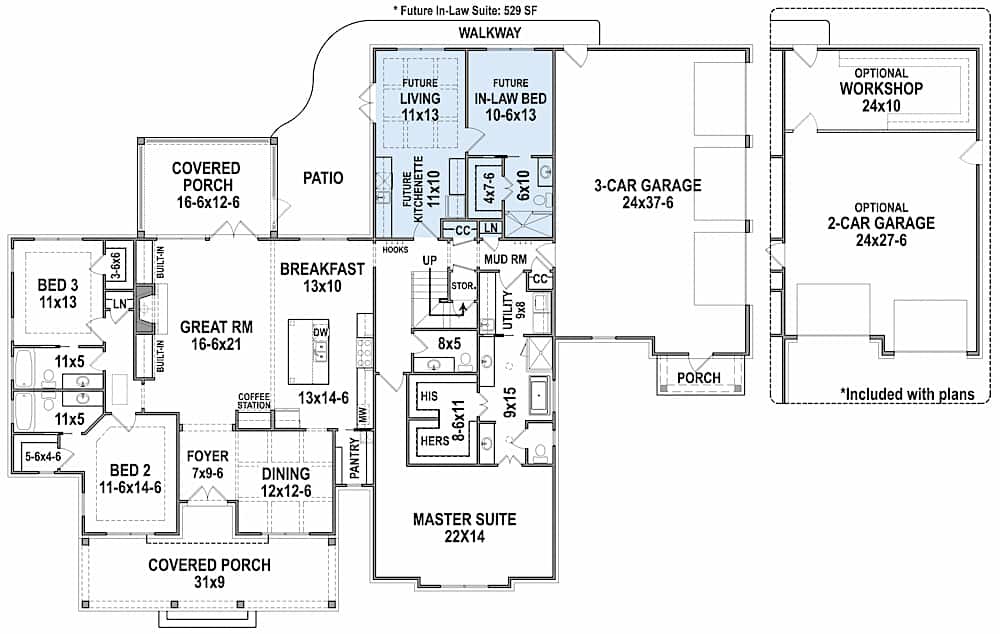 Floor Plan Main Level of Craftsman Plan #106-1324