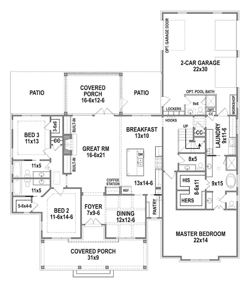 Floor Plan Main Level of Craftsman Plan #106-1326