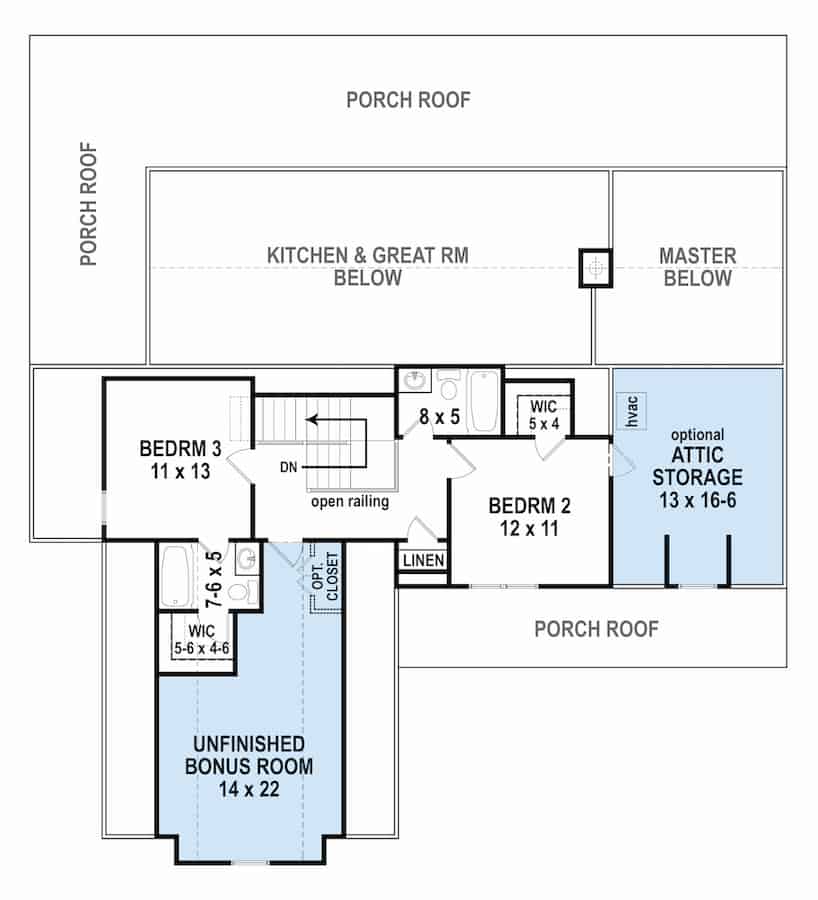 Floor Plan Upper Level of Farmhouse Plan #106-1328