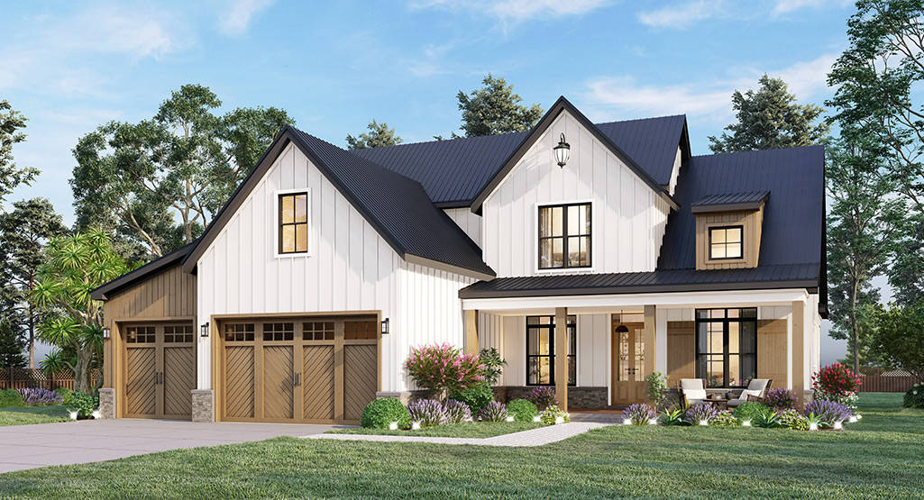 Front elevation of Modern Farmhouse home (ThePlanCollection: House Plan #106-1348)