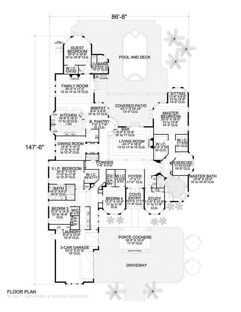 Floor Plan First Story of Spanish Plan #107-1020