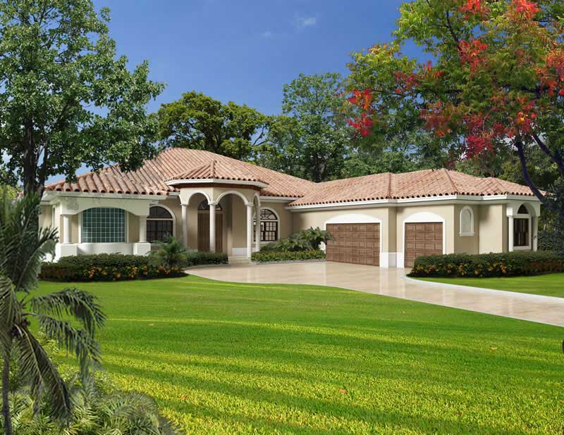 This image shows the front elevation of these Luxury House Plans.