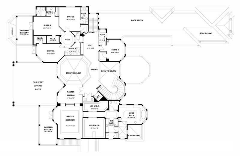 Floor Plan Upper Level of Luxury Plan #107-1189