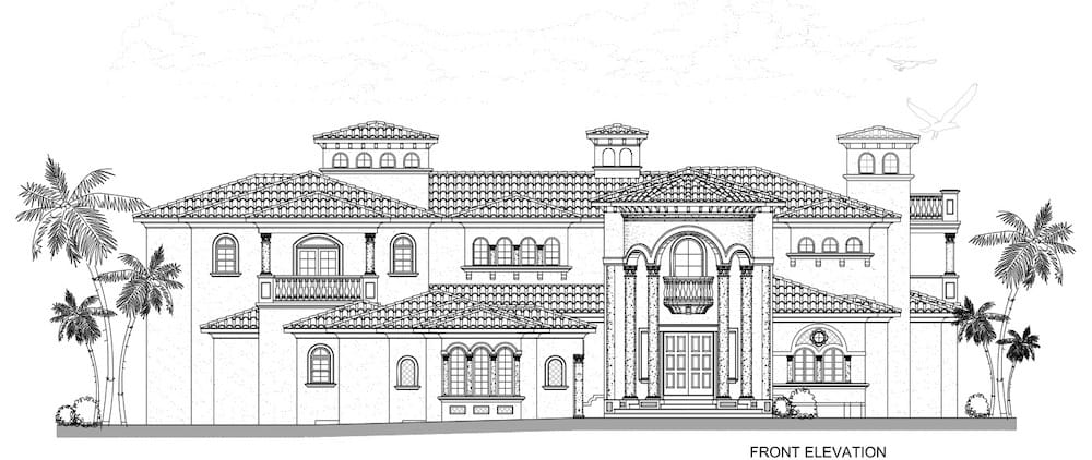Home Plan Front Elevation of this 5-Bedroom,7893 Sq Ft Plan -107-1219