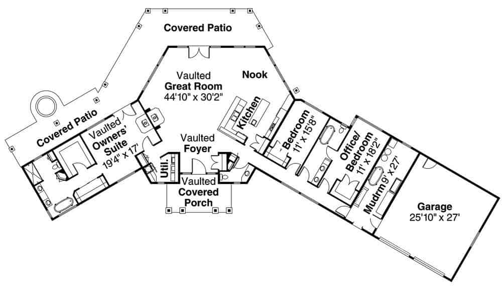 Floor Plan Main Level of Ranch Plan #108-1024