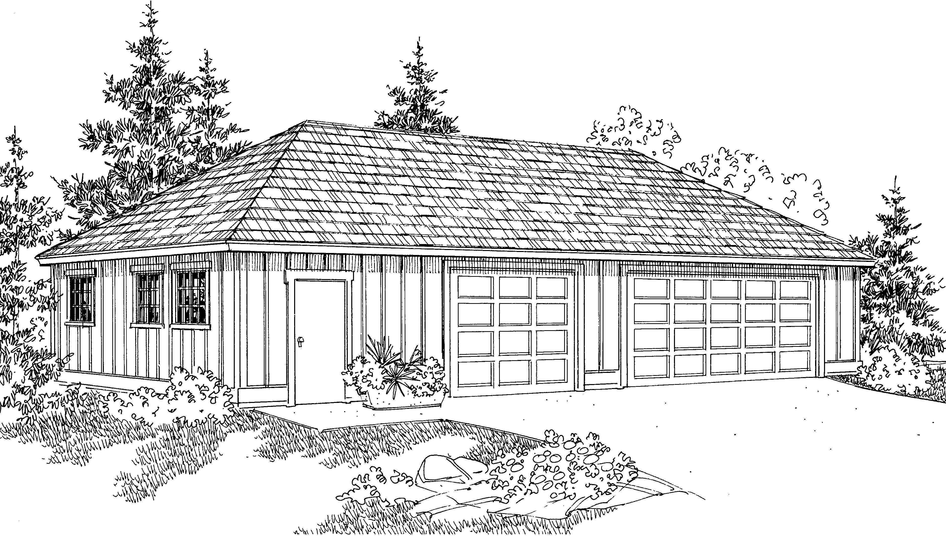 This is the front elevation of a 3-Car Garage Plan.