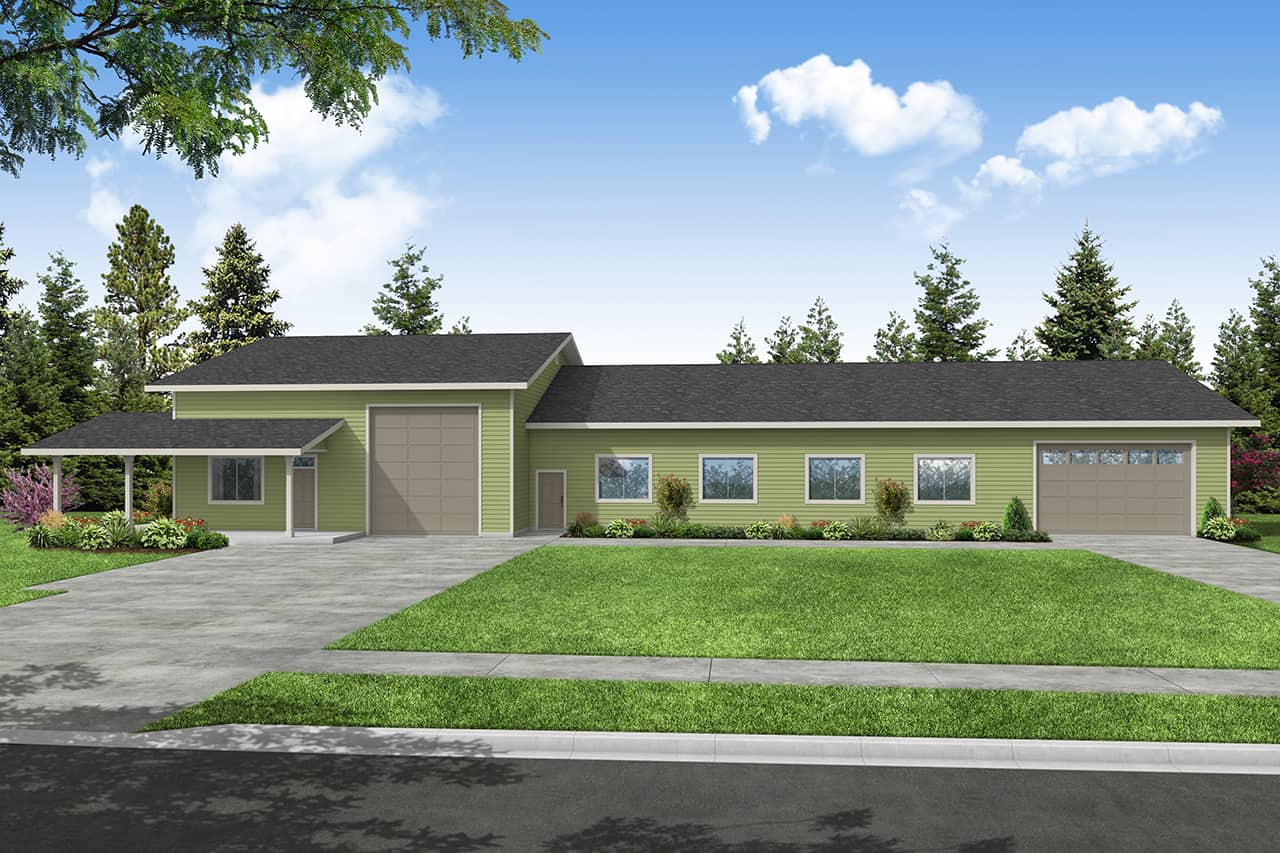 Main image of the 8-car garage plan with workshop