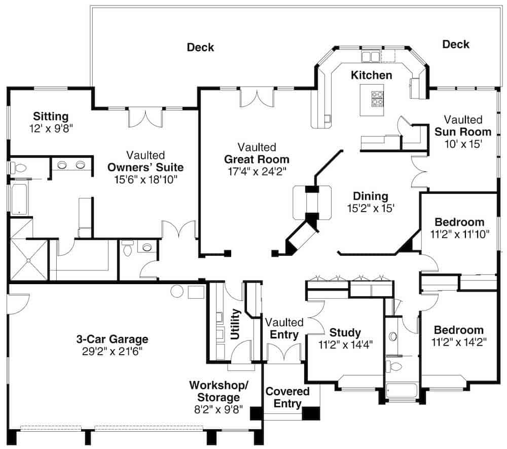 Floor Plan Main Level of Ranch Plan #108-1112