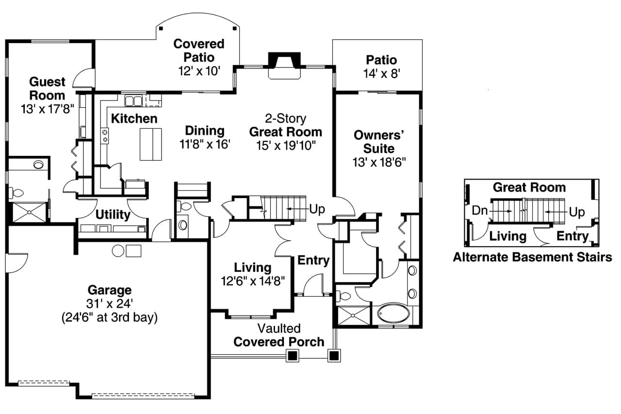 Main Level of Craftsman Plan #108-1114