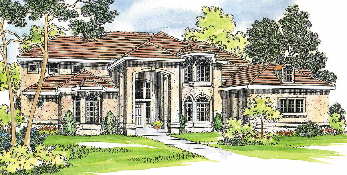 This image shows the Mediterranean Style for this set of house plans.