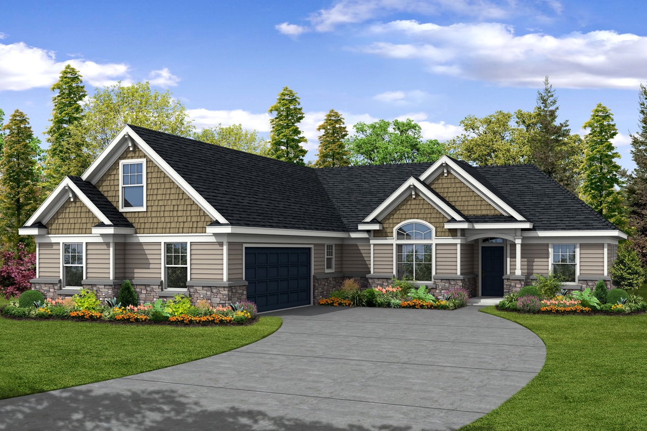 Color rendering of Transitional home plan (ThePlanCollection: House Plan #108-1228)