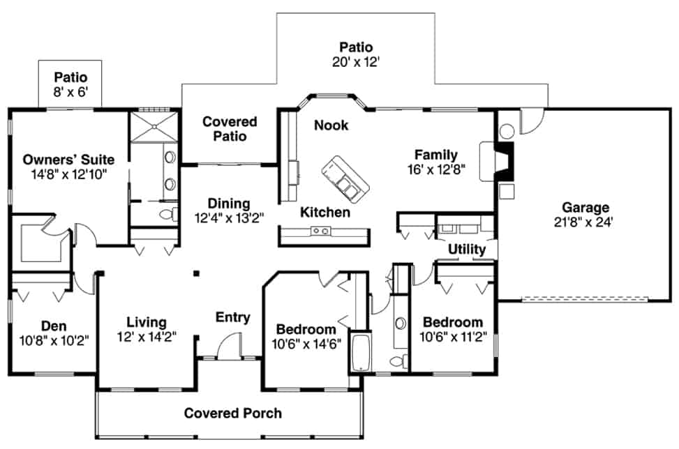 Floor Plan Main Level of Ranch Plan #108-1250