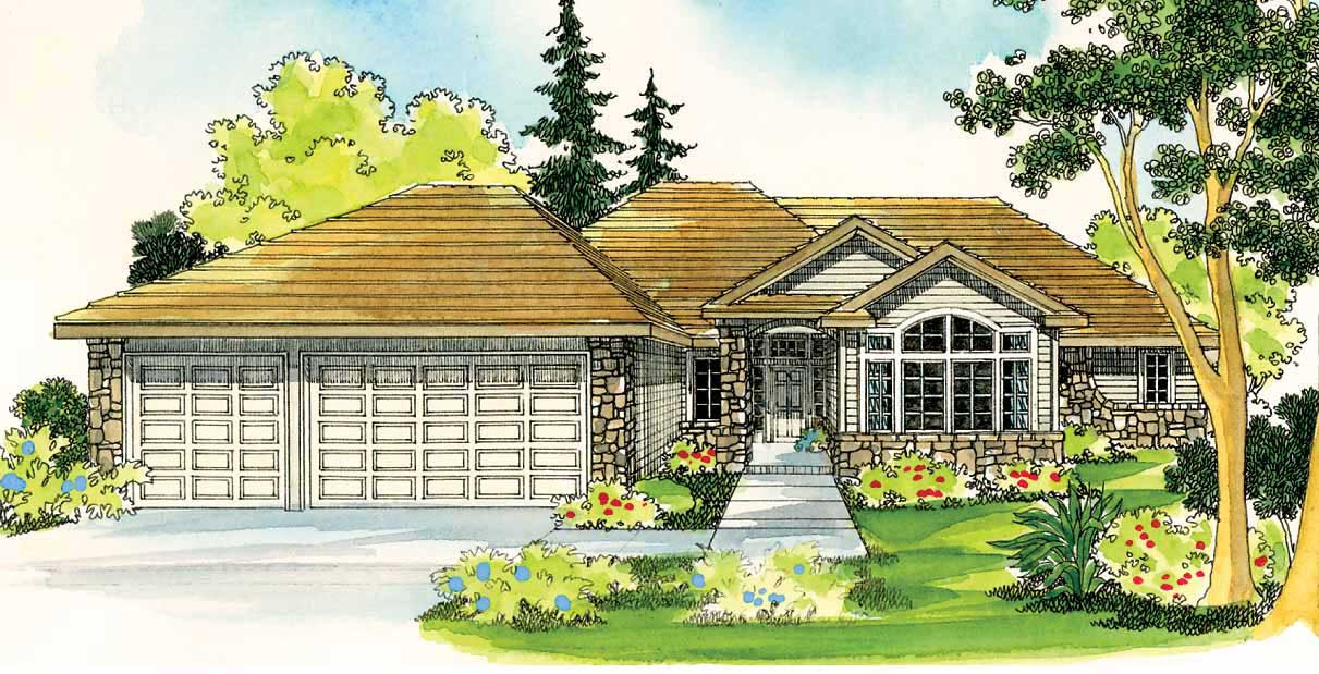 Front elevation of 4-bedroom ranch home (ThePlanCollection: House Plan #108-1294)