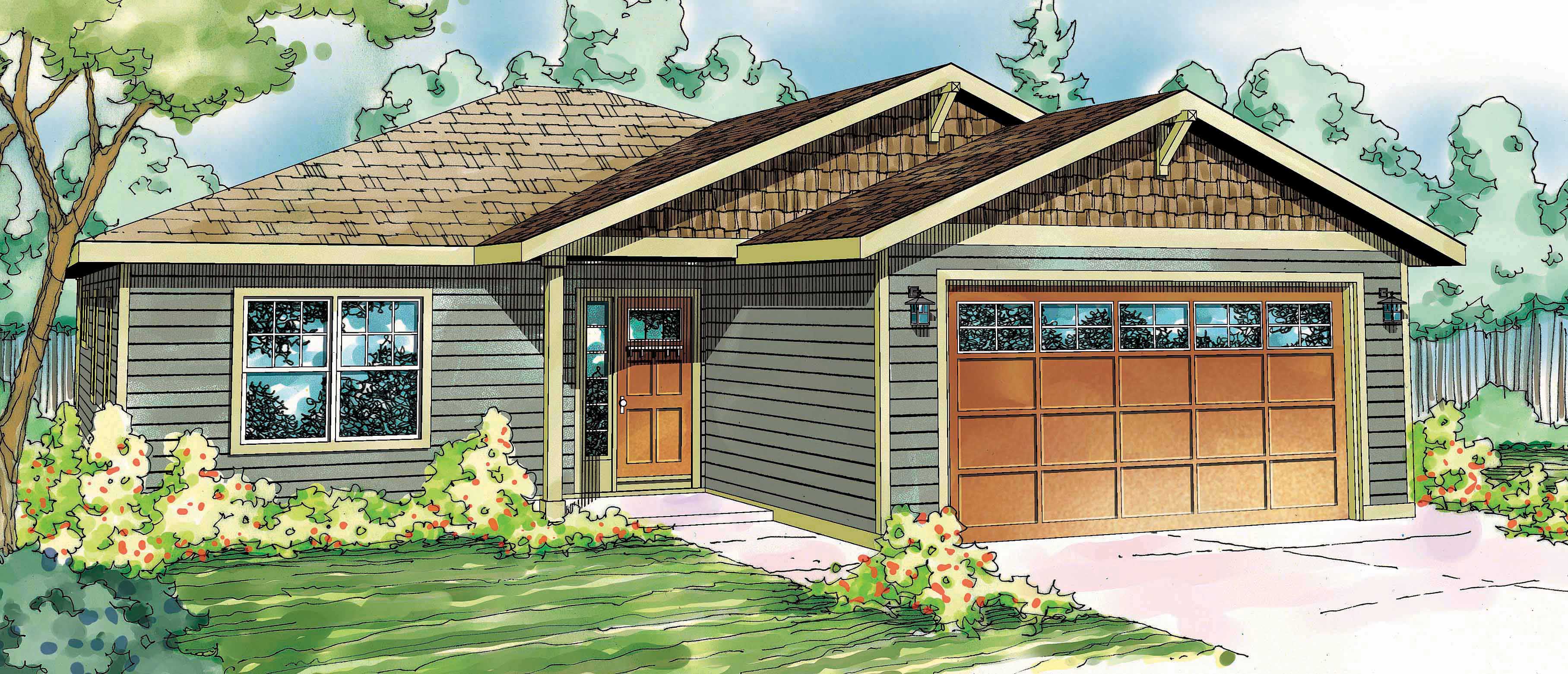 This is a colorfully rendered front elevation for these Craftsman House Plans.