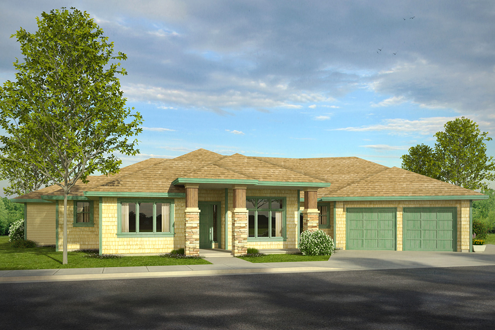 Front elevation of Prairie home (ThePlanCollection: House Plan #108-1796)