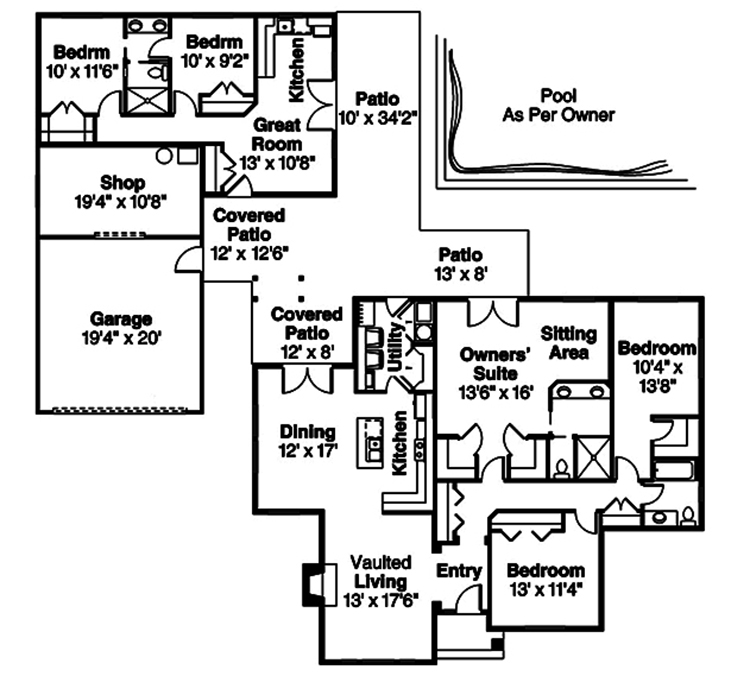 Floor Plan First Story of Ranch Plan #108-1820