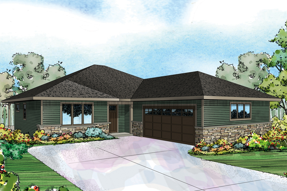 Front elevation of Prairie home (ThePlanCollection: House Plan #108-1826)