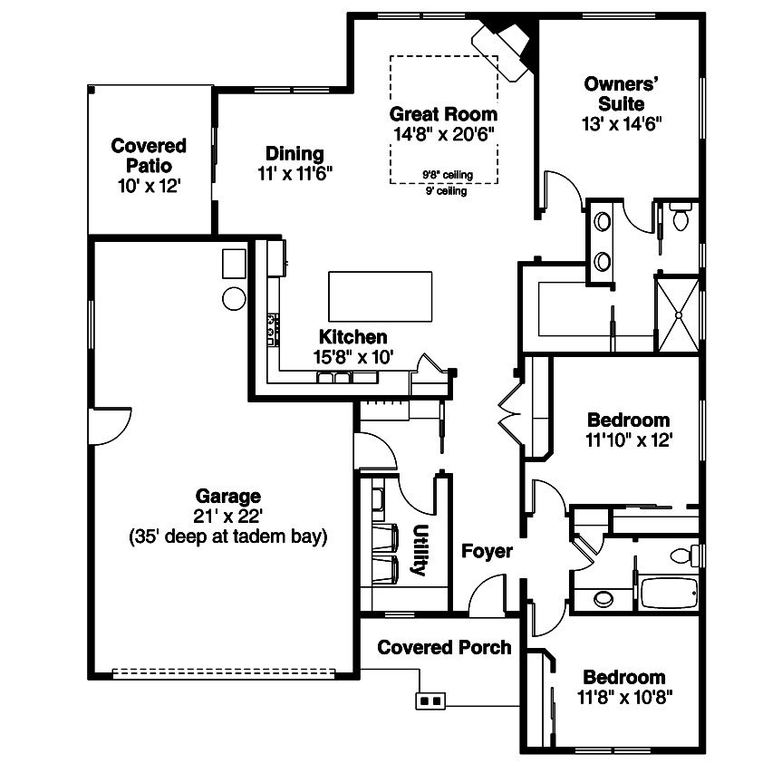 Floor Plan First Story of Ranch Plan #108-1865